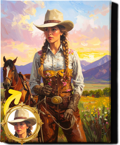 Custom Royal Human Portrait | Western Cowgirl Portrait | Personalized Wall Art Gift for Her