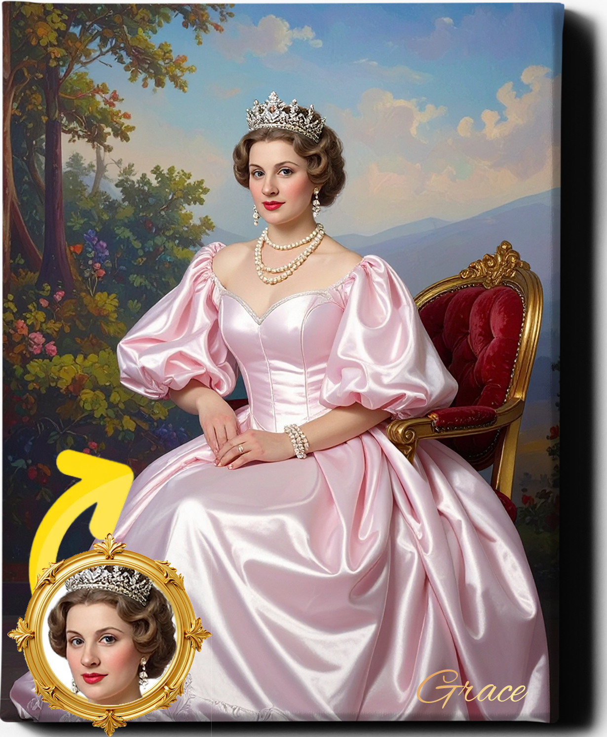 Custom Royal Human Portrait | Grace in Pink | Personalized Wall Art Gift for her