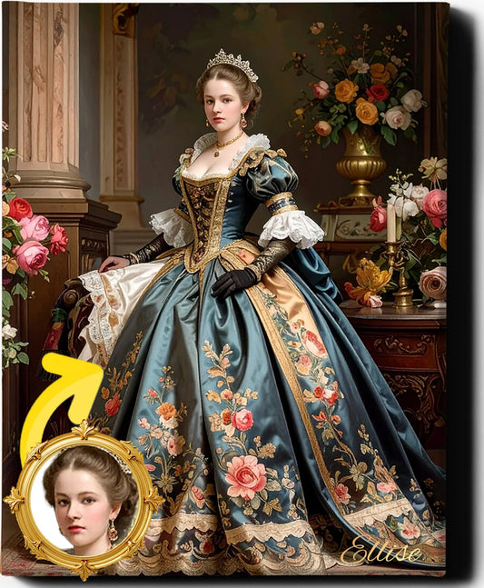 Custom Royal Human Portrait | Splendor with Florals | Personalized Wall Art Gift for her