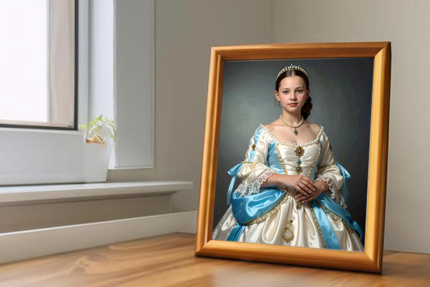 Custom Royal Human Portrait | Princess in White and Blue | Personalized Wall Art Gift for her