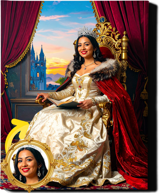 Custom Royal Human Portrait | Queen Consort in Crimson Robe | Personalized Wall Art Gift for her