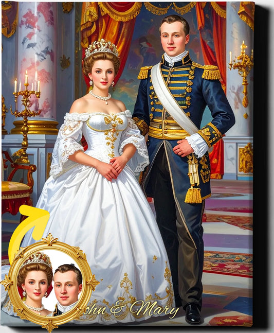 Custom Royal Couple Portrait | Golden Gala Pair | Personalized Wall Art Gift
