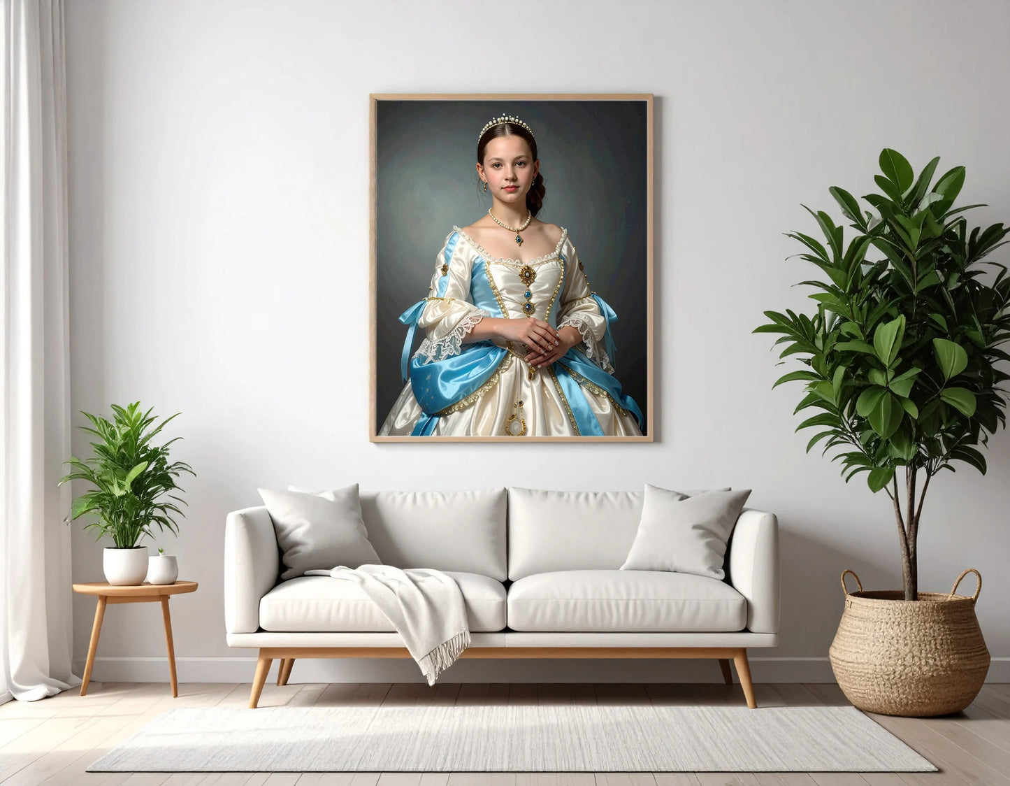 Custom Royal Human Portrait | Princess in White and Blue | Personalized Wall Art Gift for her